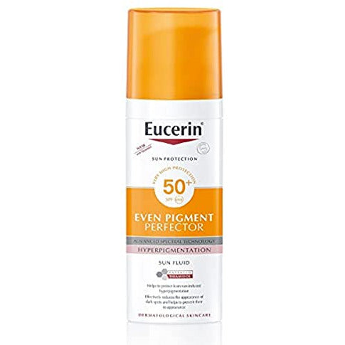 Eucerin Sun Pigment Control Sun Fluid SPF50+ in a 50ml bottle, designed for sun protection and pigmentation control.