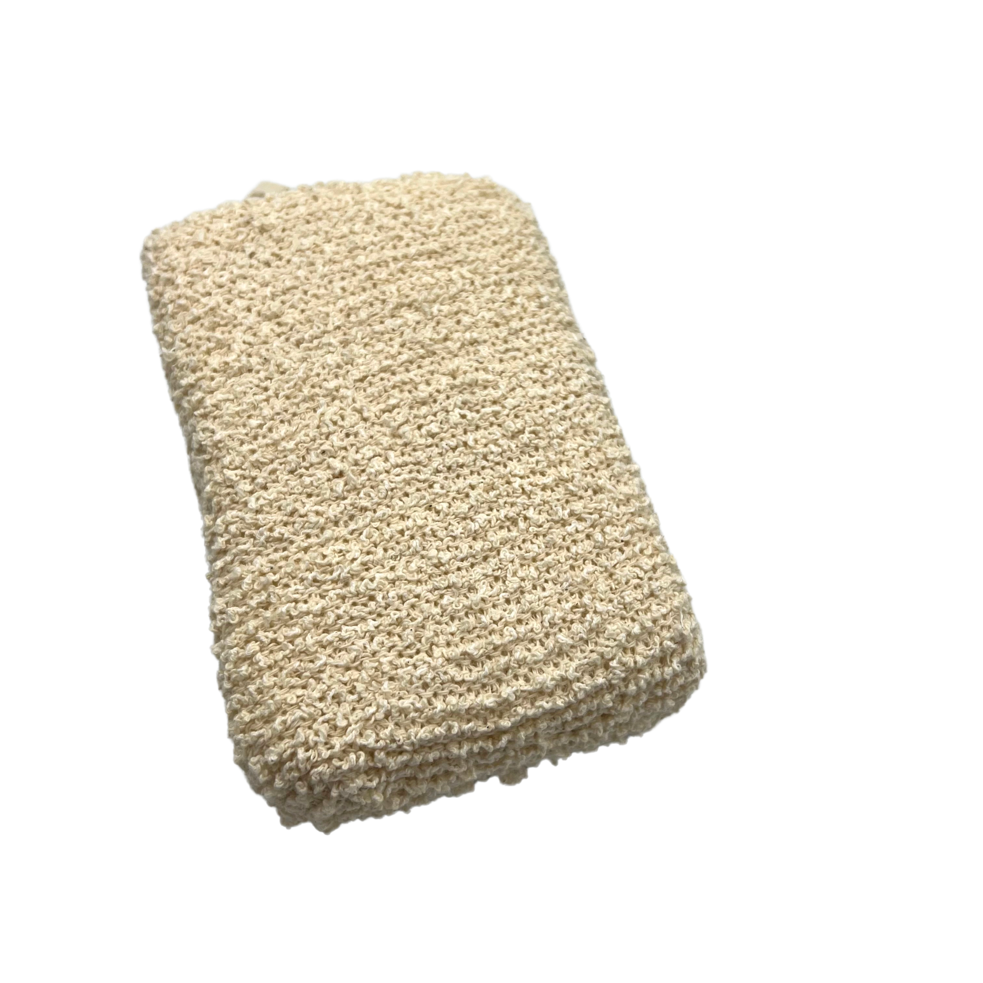 A soft Exfoliating Bath Sponge made from natural Ramie fibers, showcasing its gentle texture and eco-friendly design.