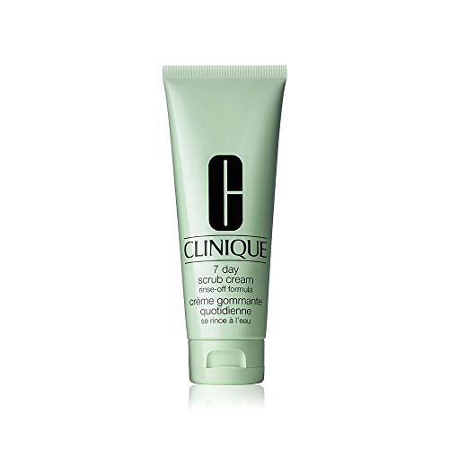 Clinique Exfoliators and Masks 7 Day Scrub Cream in a sleek jar, showcasing its creamy texture and exfoliating particles.