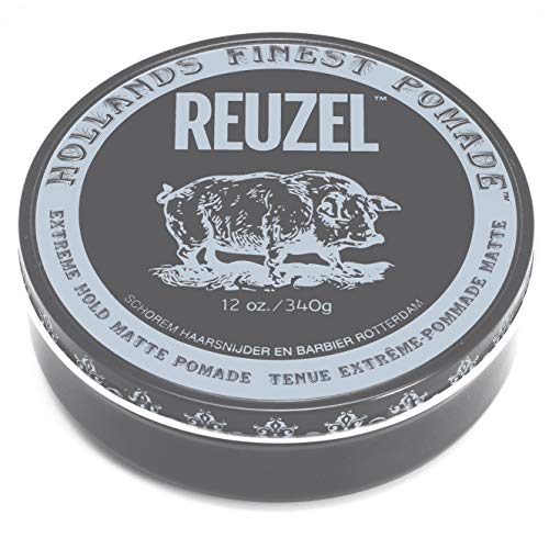 Reuzel Extreme Hold Matte Hair Pomade in a stylish container, showcasing its matte finish and strong hold properties.