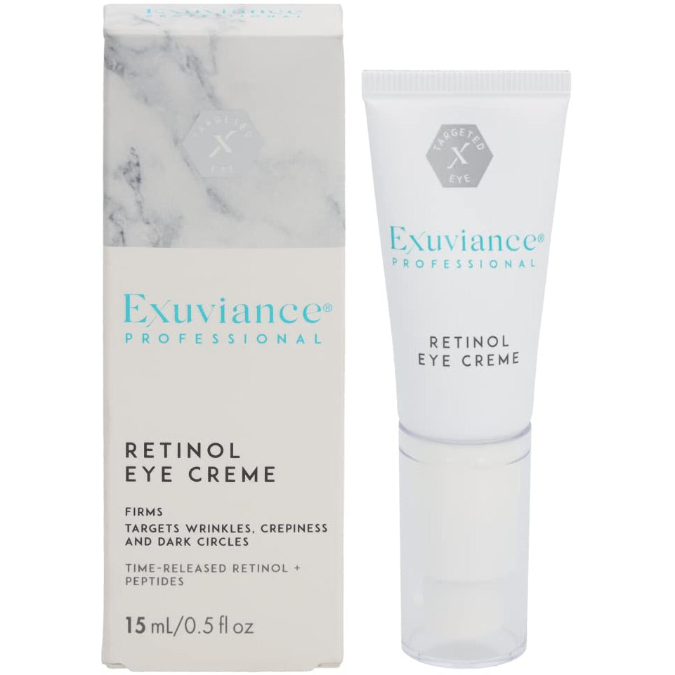 Exuviance Retinol Eye Creme in a sleek jar, designed for anti-aging treatment around the eyes.