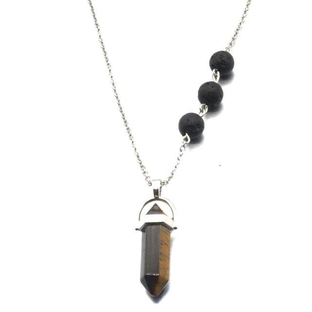 Eye of Tiger Crystal Lava Stone Necklace featuring natural lava stones and a striking Eye of Tiger crystal pendant.