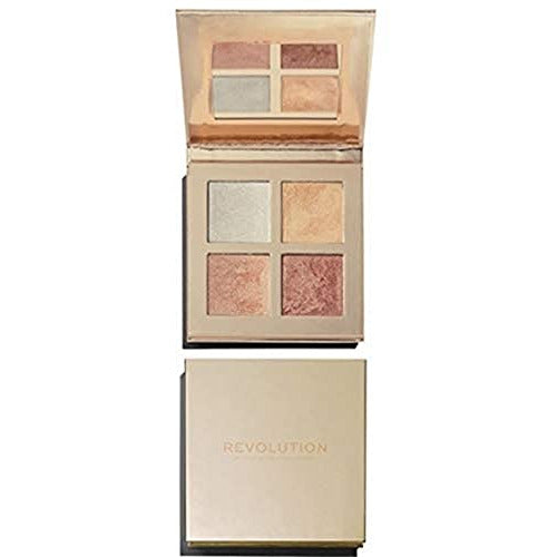 Makeup Revolution Face Quad Highlight Palette featuring four incandescent highlight shades in a sleek compact.