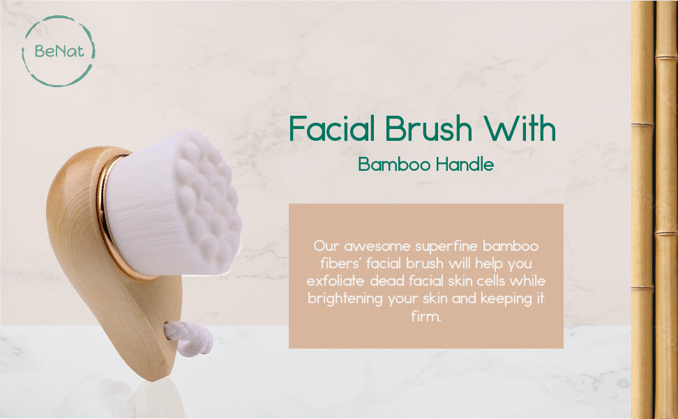 Facial brush with a bamboo handle and soft bristles, ideal for gentle exfoliation and cleansing of the face.