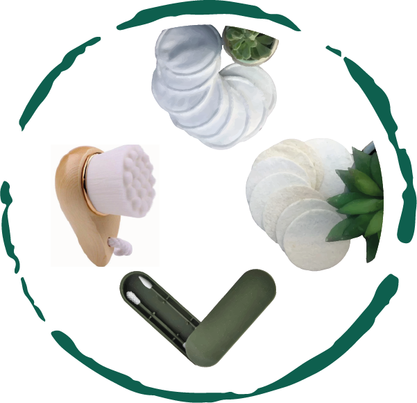 A 12-piece eco-friendly facial skin care accessories bundle including reusable pads, natural loofah, silicone swabs, and a bamboo brush.