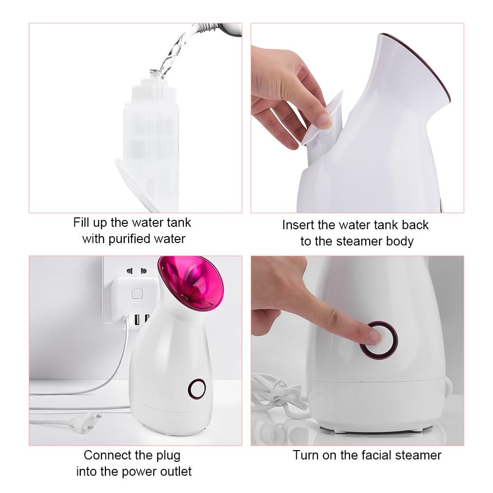 Facial Steamer Nano Lonic Humidifier with steam mist, designed for deep cleaning and moisturizing skin, featuring a sleek acrylic design.