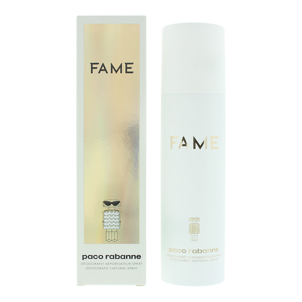 Paco Rabanne Fame Deodorant Spray can with elegant design and floral accents.