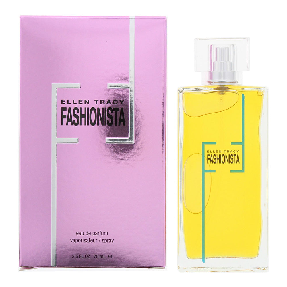 Ellen Tracy Fashionista Eau de Parfum bottle elegantly displayed with floral accents.