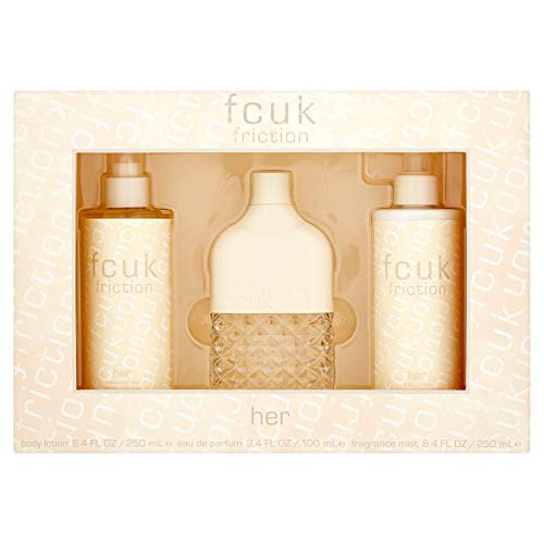 FCUK Friction Her Gift Set featuring 100ml EDT, 250ml Body Lotion, and 250ml Fragrance Mist in elegant packaging.