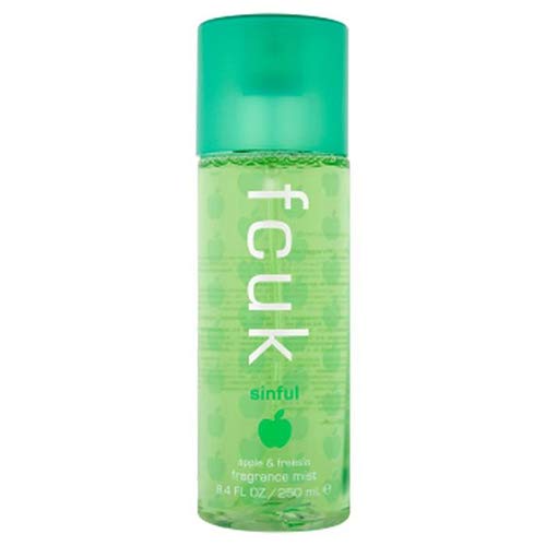 FCUK Sinful Apple & Freesia Body Mist bottle with a vibrant design, showcasing its refreshing scent.