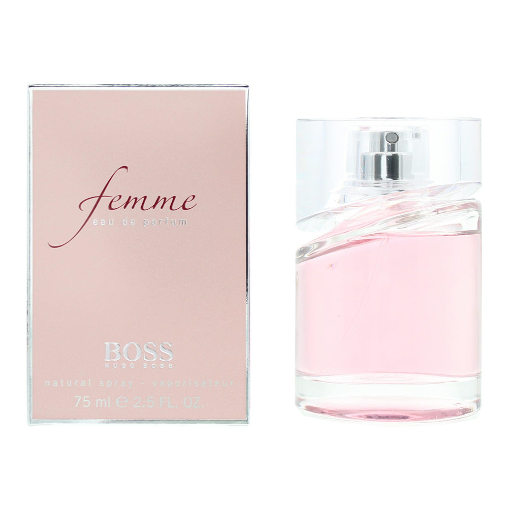 Femme Eau de Parfum by Hugo Boss, a floral fruity fragrance for women, elegantly packaged in a stylish bottle.