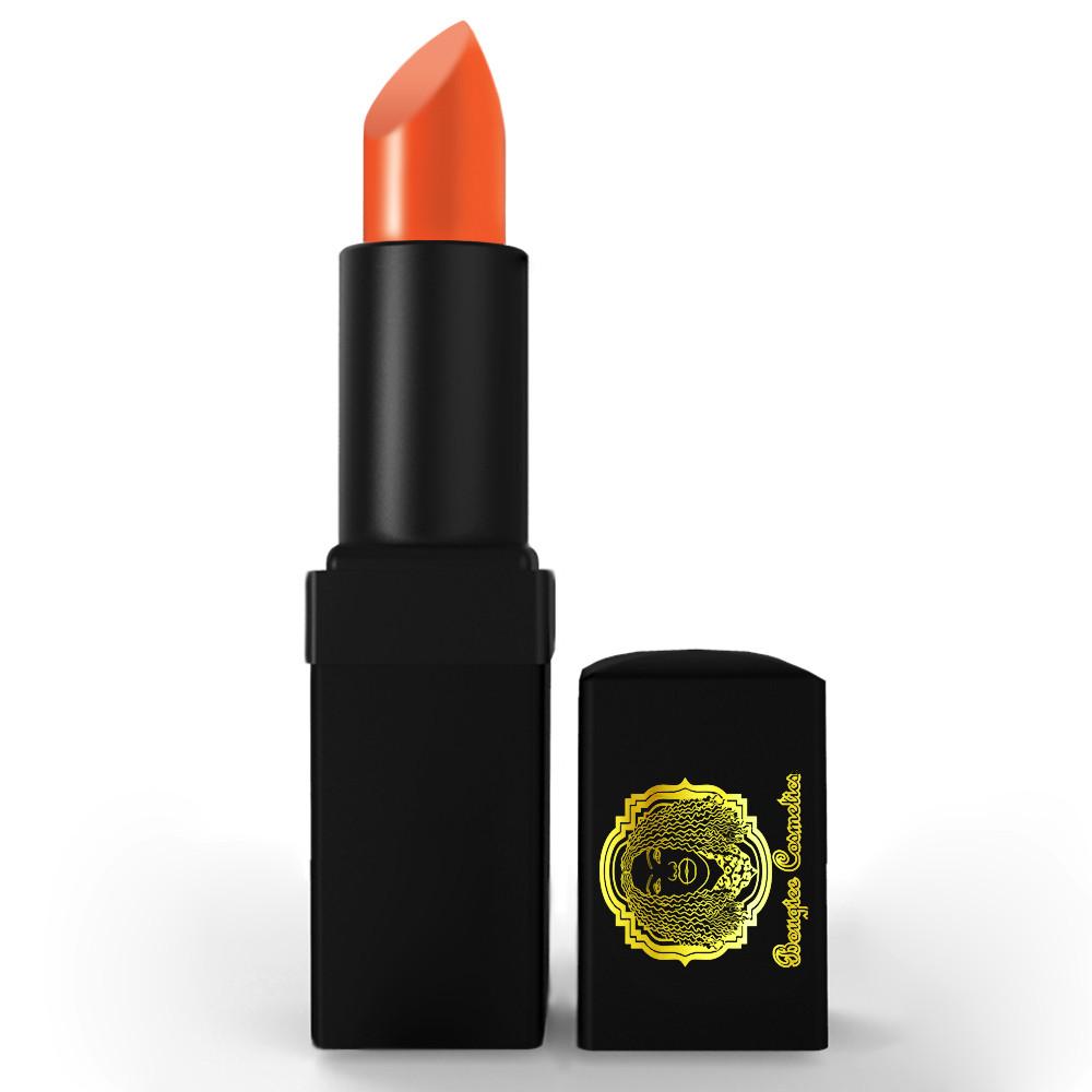 Fetching Lipstick in intense bright orange shade with a glossy finish, showcasing its creamy texture and vibrant color.