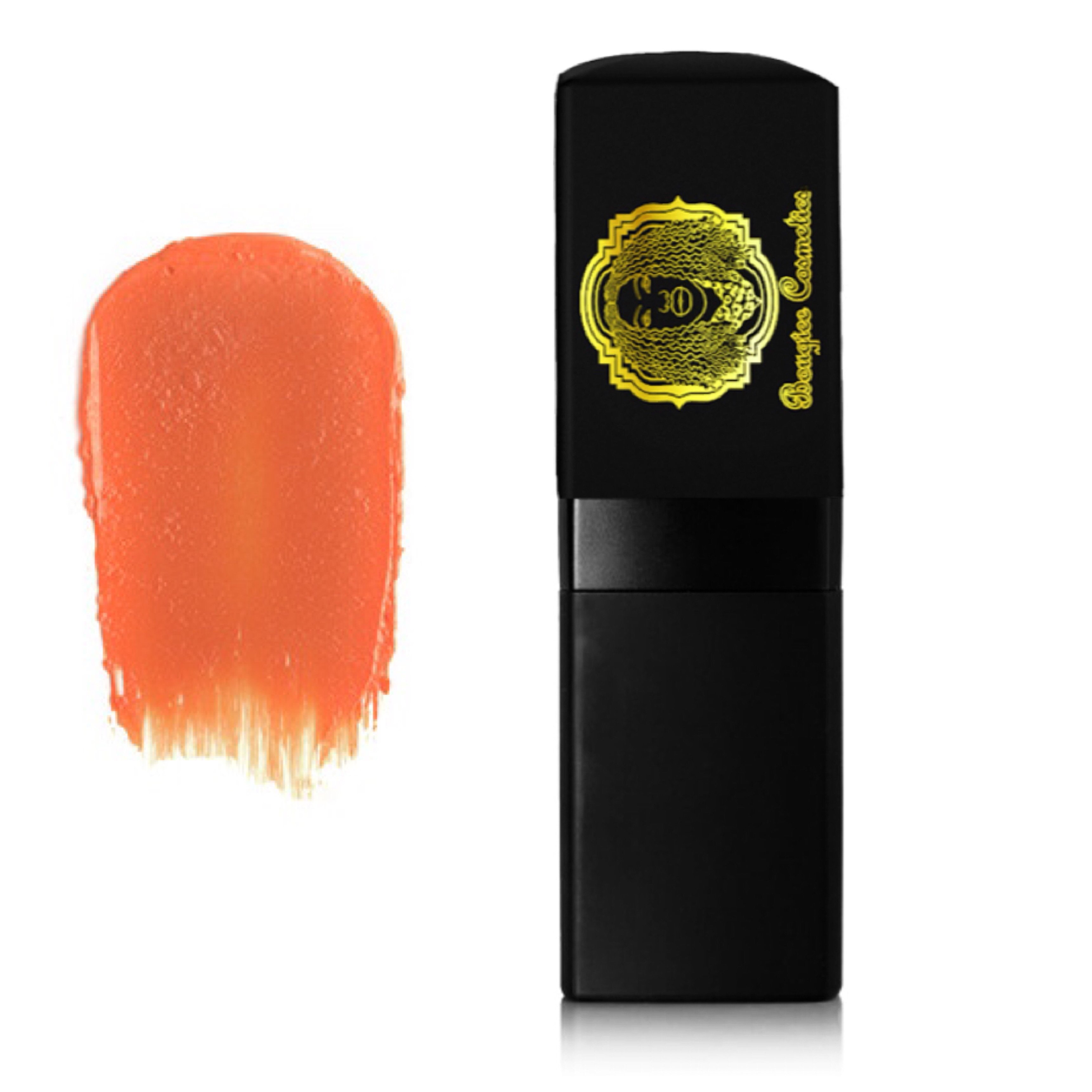 Fetching Lipstick in intense bright orange shade with a glossy finish, showcasing its creamy texture and vibrant color.