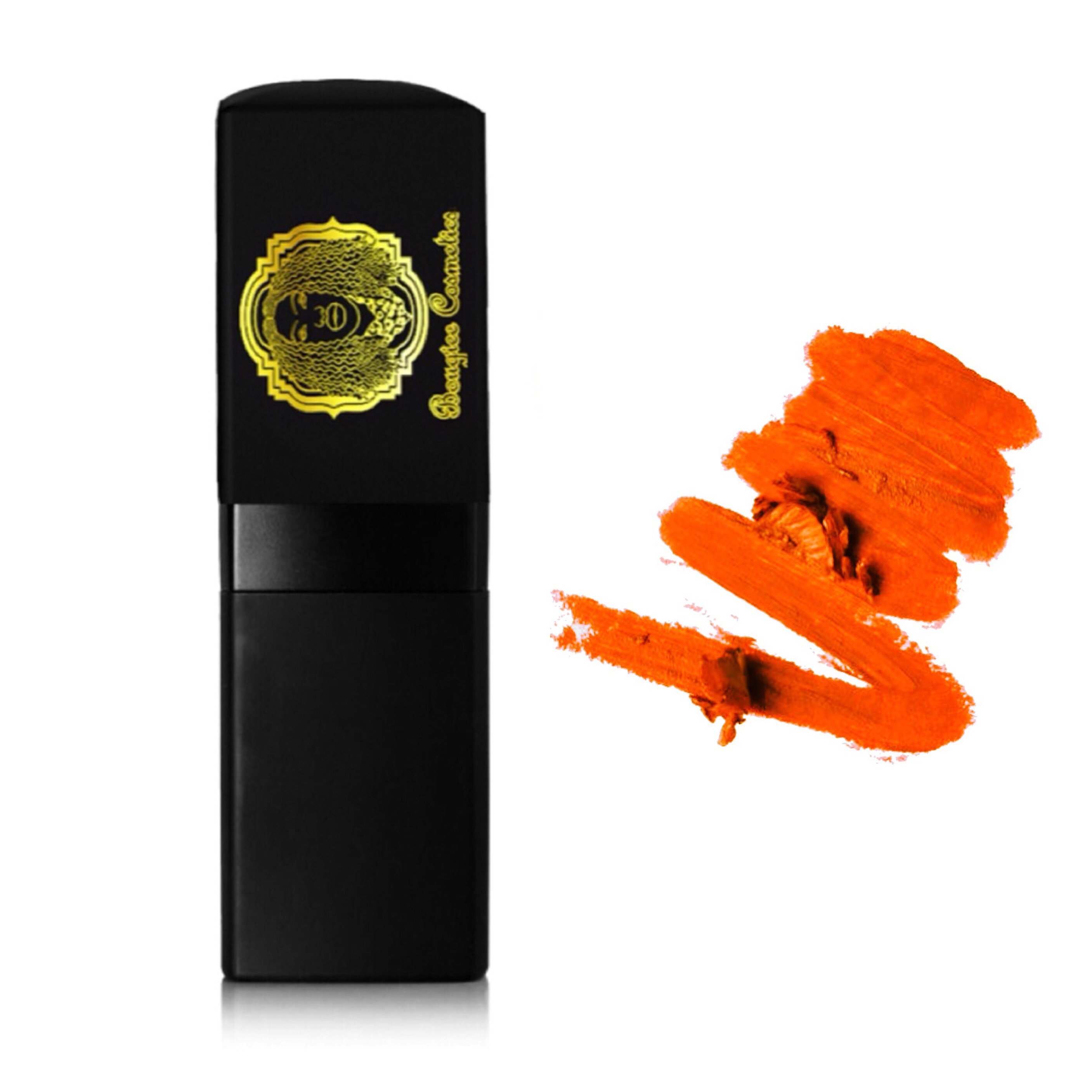 Fetching Lipstick in intense bright orange shade with a glossy finish, showcasing its creamy texture and vibrant color.