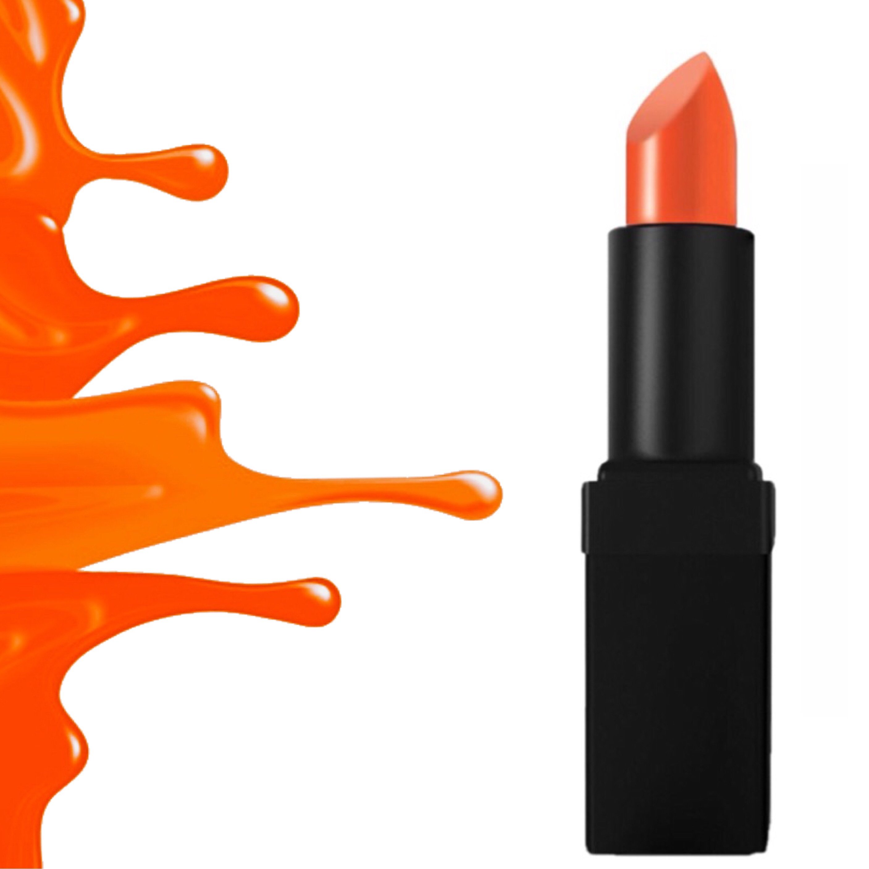 Fetching Lipstick in intense bright orange shade with a glossy finish, showcasing its creamy texture and vibrant color.