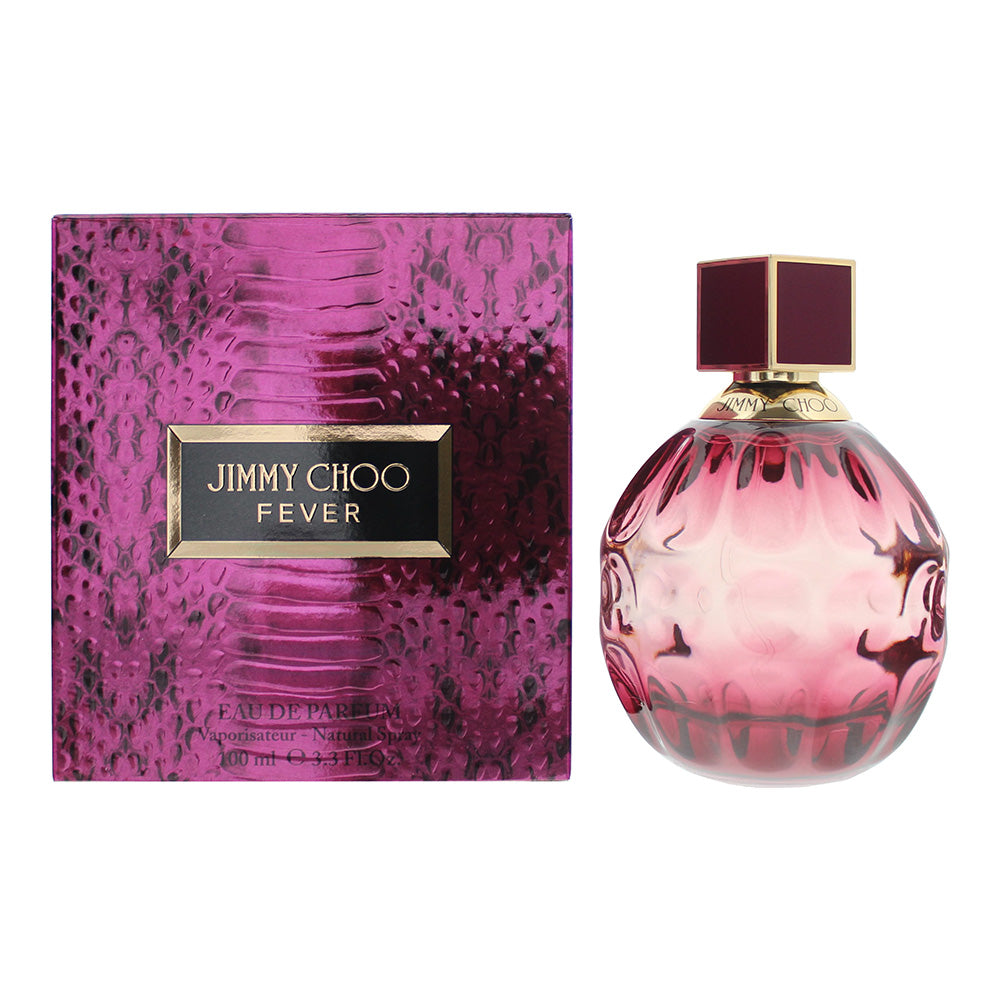 Jimmy Choo Fever Eau de Parfum in an elegant purple bottle with gold accents, showcasing its luxurious design.