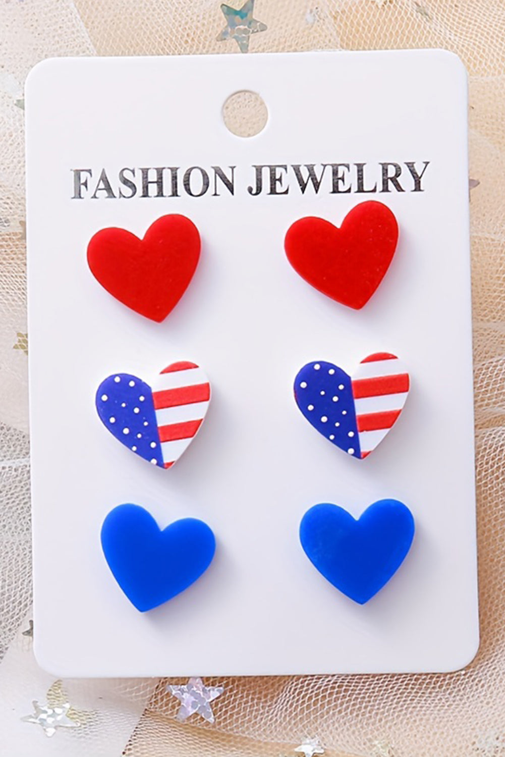 Fiery Red American Flag Print Heart Shape Stud Earrings Set displayed on a white background, showcasing their vibrant colors and unique heart shape.