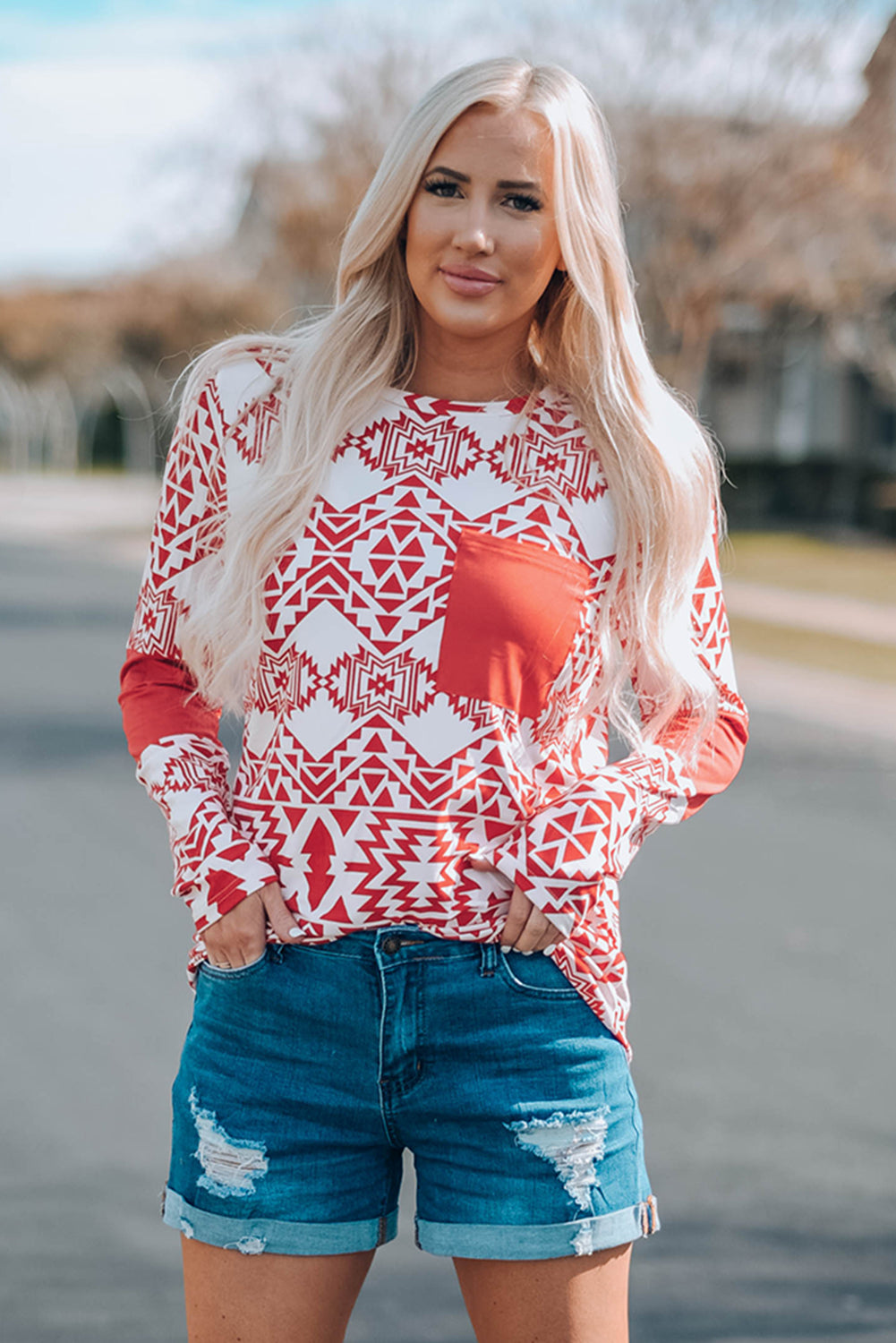 Fiery Red Aztec Print Splicing Pocket Long Sleeve Top featuring a unique design and comfortable fit, perfect for casual and stylish outfits.