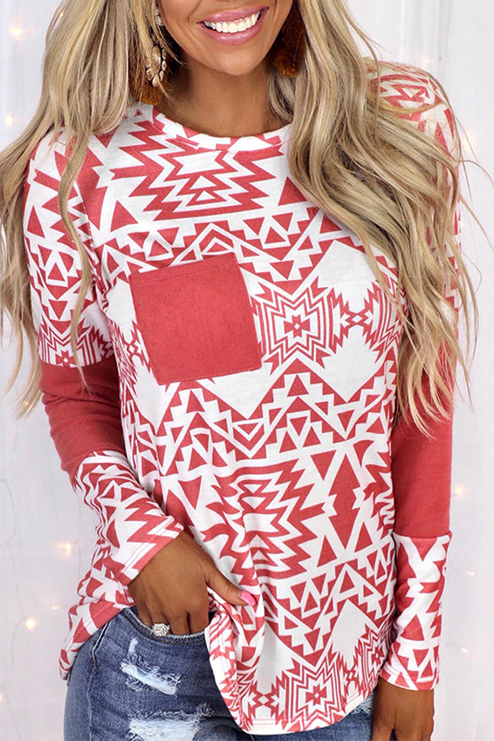 Fiery Red Aztec Print Splicing Pocket Long Sleeve Top featuring a unique design and comfortable fit, perfect for casual and stylish outfits.