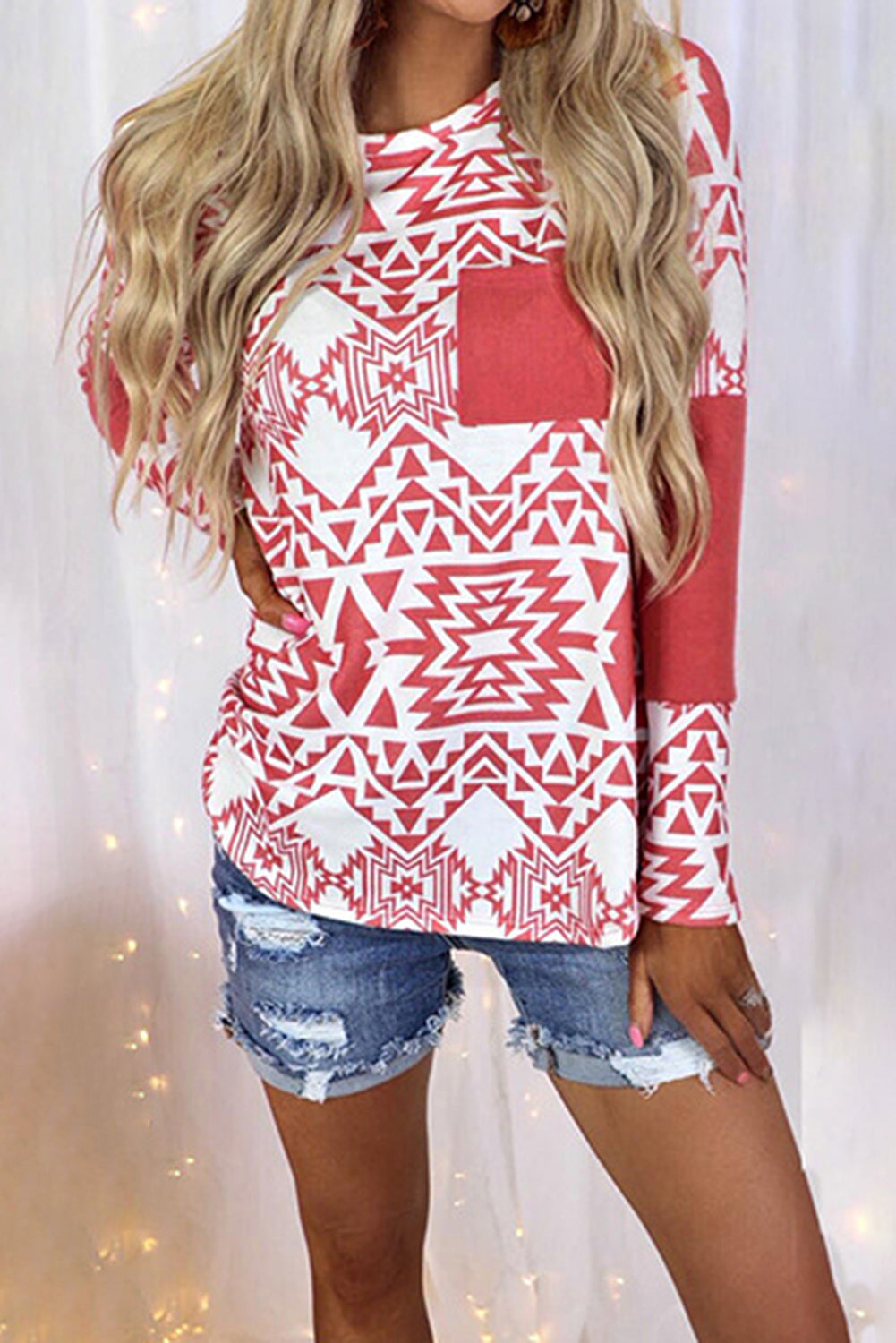 Fiery Red Aztec Print Splicing Pocket Long Sleeve Top featuring a unique design and comfortable fit, perfect for casual and stylish outfits.