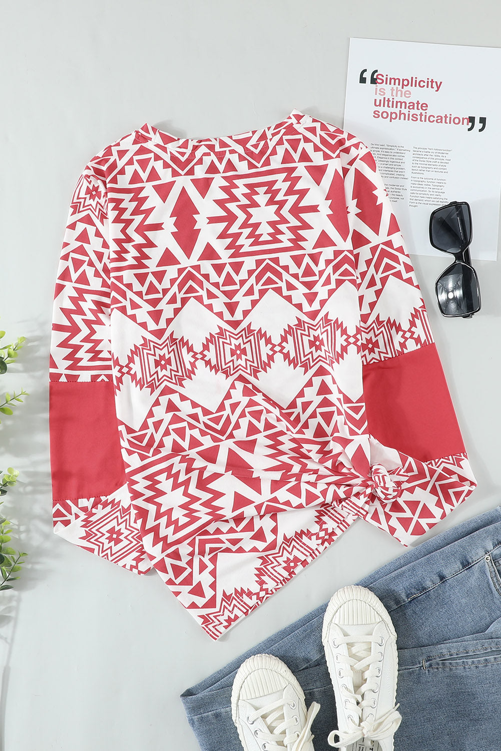 Fiery Red Aztec Print Splicing Pocket Long Sleeve Top featuring a unique design and comfortable fit, perfect for casual and stylish outfits.