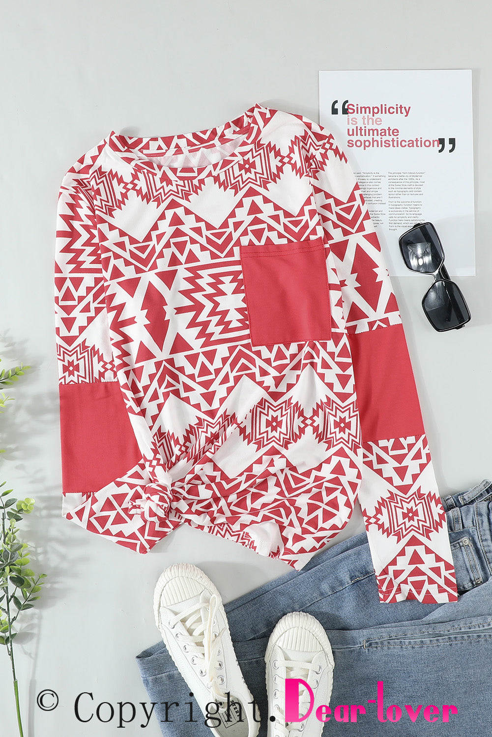 Fiery Red Aztec Print Splicing Pocket Long Sleeve Top featuring a unique design and comfortable fit, perfect for casual and stylish outfits.