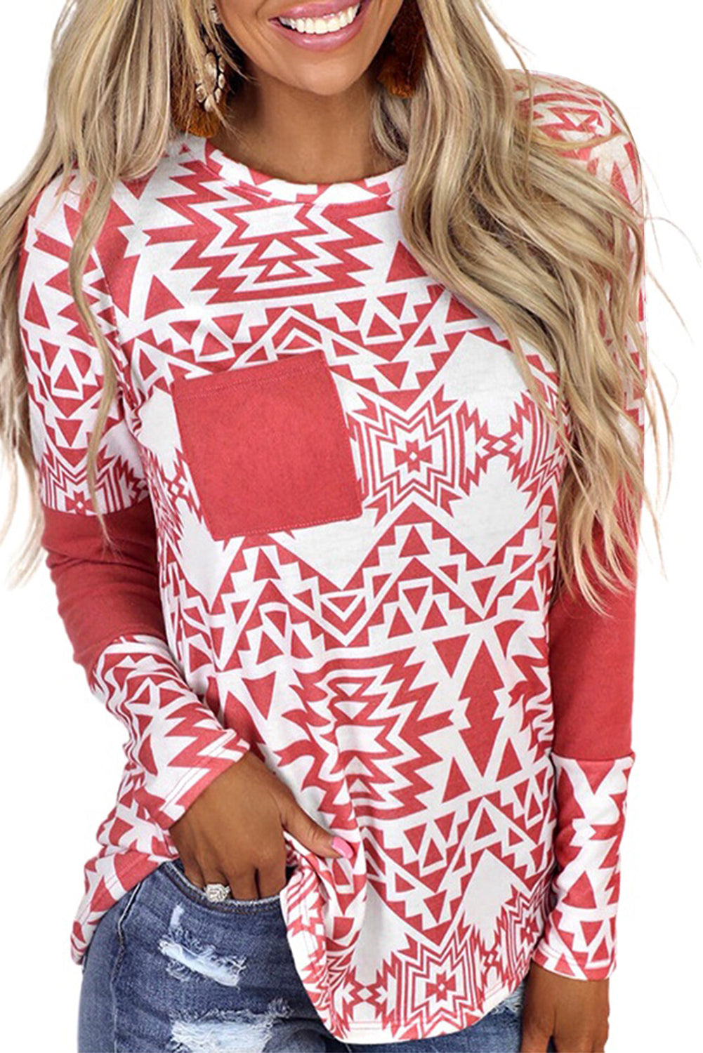 Fiery Red Aztec Print Splicing Pocket Long Sleeve Top featuring a unique design and comfortable fit, perfect for casual and stylish outfits.