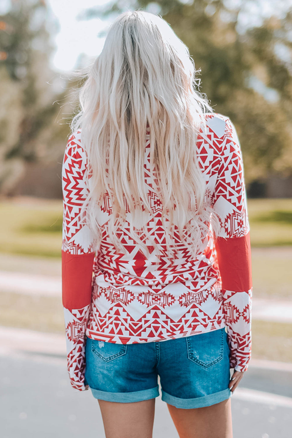 Fiery Red Aztec Print Splicing Pocket Long Sleeve Top featuring a unique design and comfortable fit, perfect for casual and stylish outfits.