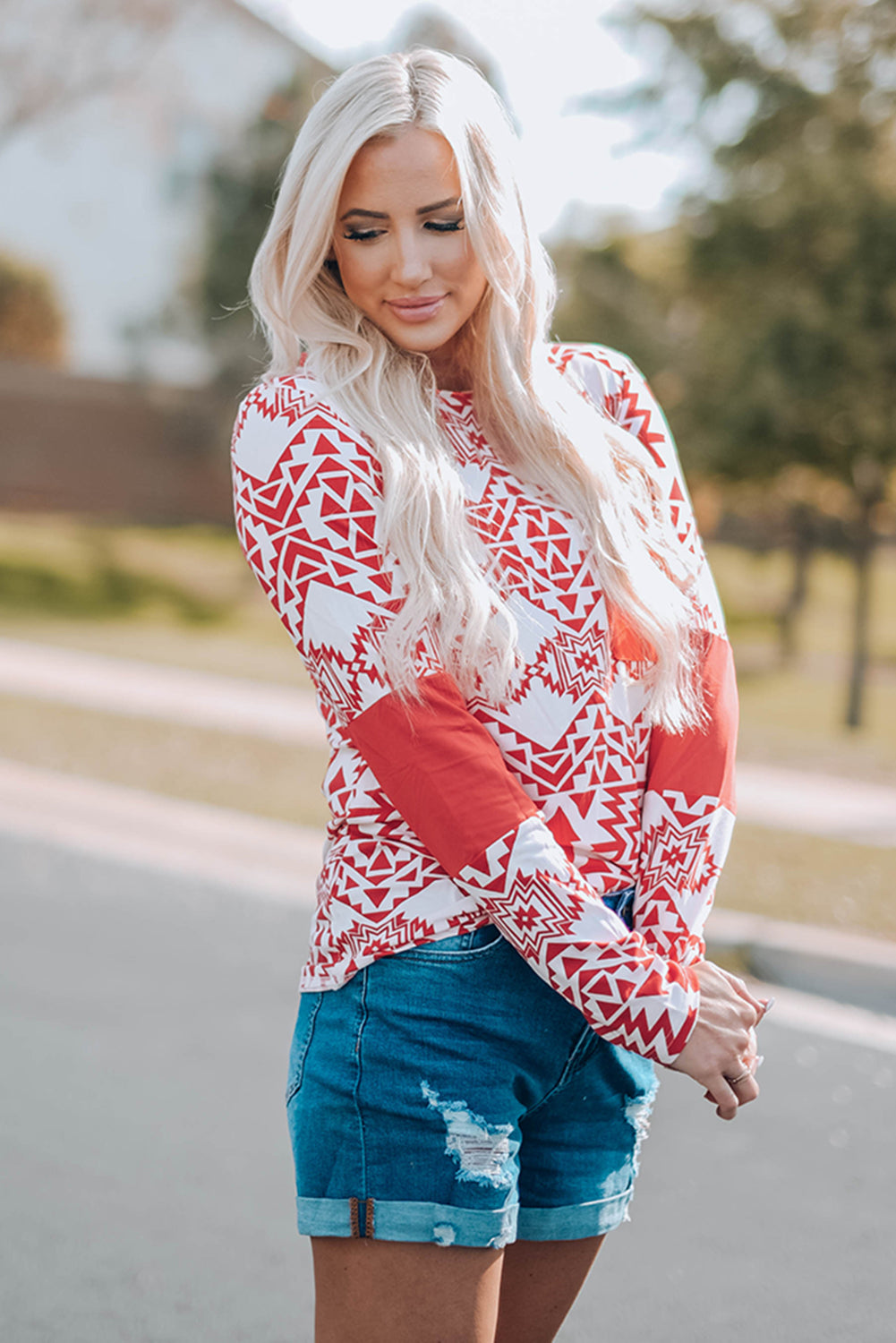 Fiery Red Aztec Print Splicing Pocket Long Sleeve Top featuring a unique design and comfortable fit, perfect for casual and stylish outfits.