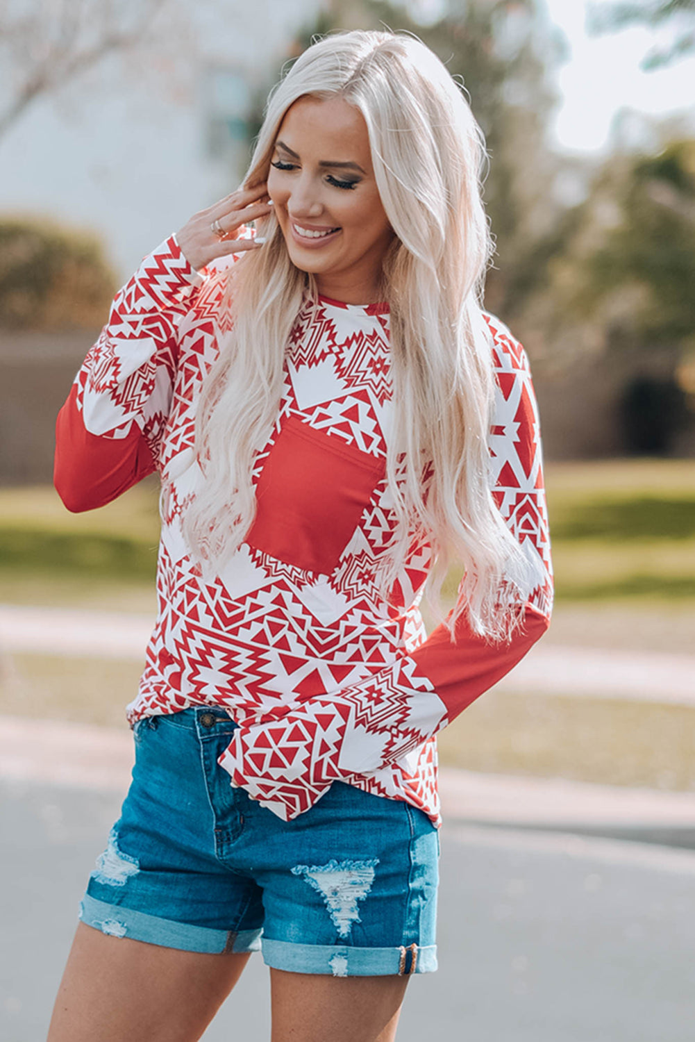 Fiery Red Aztec Print Splicing Pocket Long Sleeve Top featuring a unique design and comfortable fit, perfect for casual and stylish outfits.