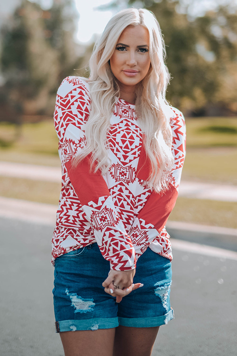 Fiery Red Aztec Print Splicing Pocket Long Sleeve Top featuring a unique design and comfortable fit, perfect for casual and stylish outfits.