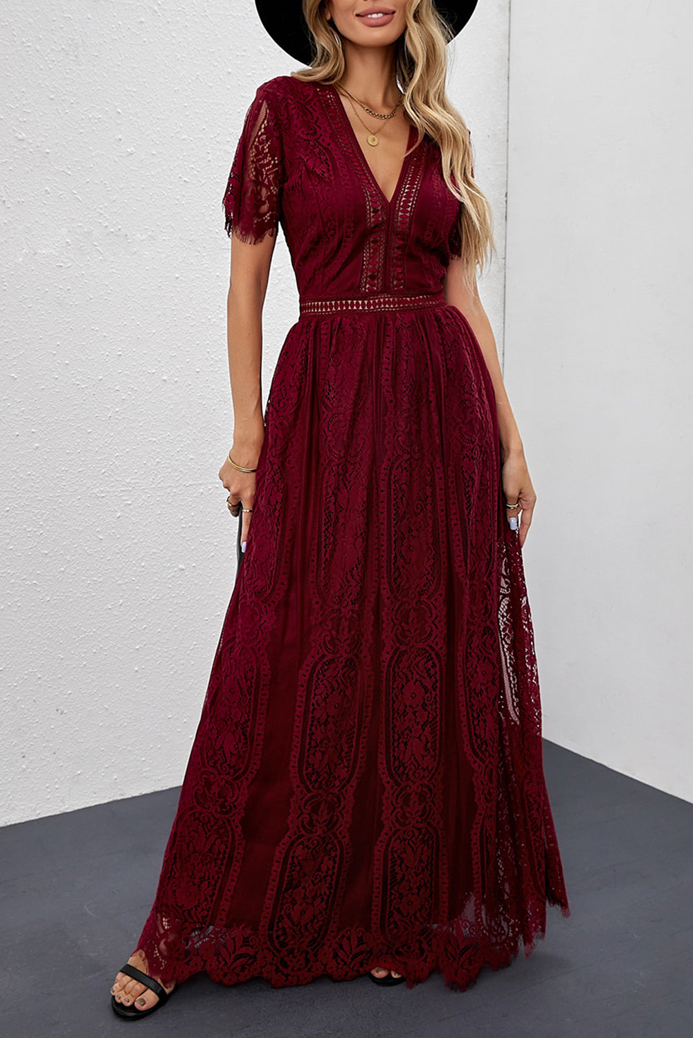 Fiery Red Blue Fill Your Heart Lace Maxi Dress featuring a lace overlay, v-neckline, and full-bodied skirt, perfect for elegant occasions.