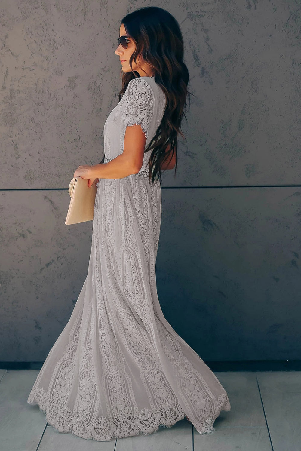 Fiery Red Blue Fill Your Heart Lace Maxi Dress featuring a lace overlay, v-neckline, and full-bodied skirt, perfect for elegant occasions.