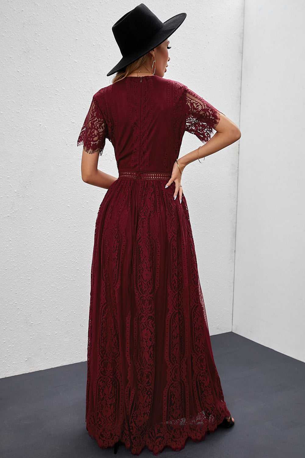 Fiery Red Blue Fill Your Heart Lace Maxi Dress featuring a lace overlay, v-neckline, and full-bodied skirt, perfect for elegant occasions.