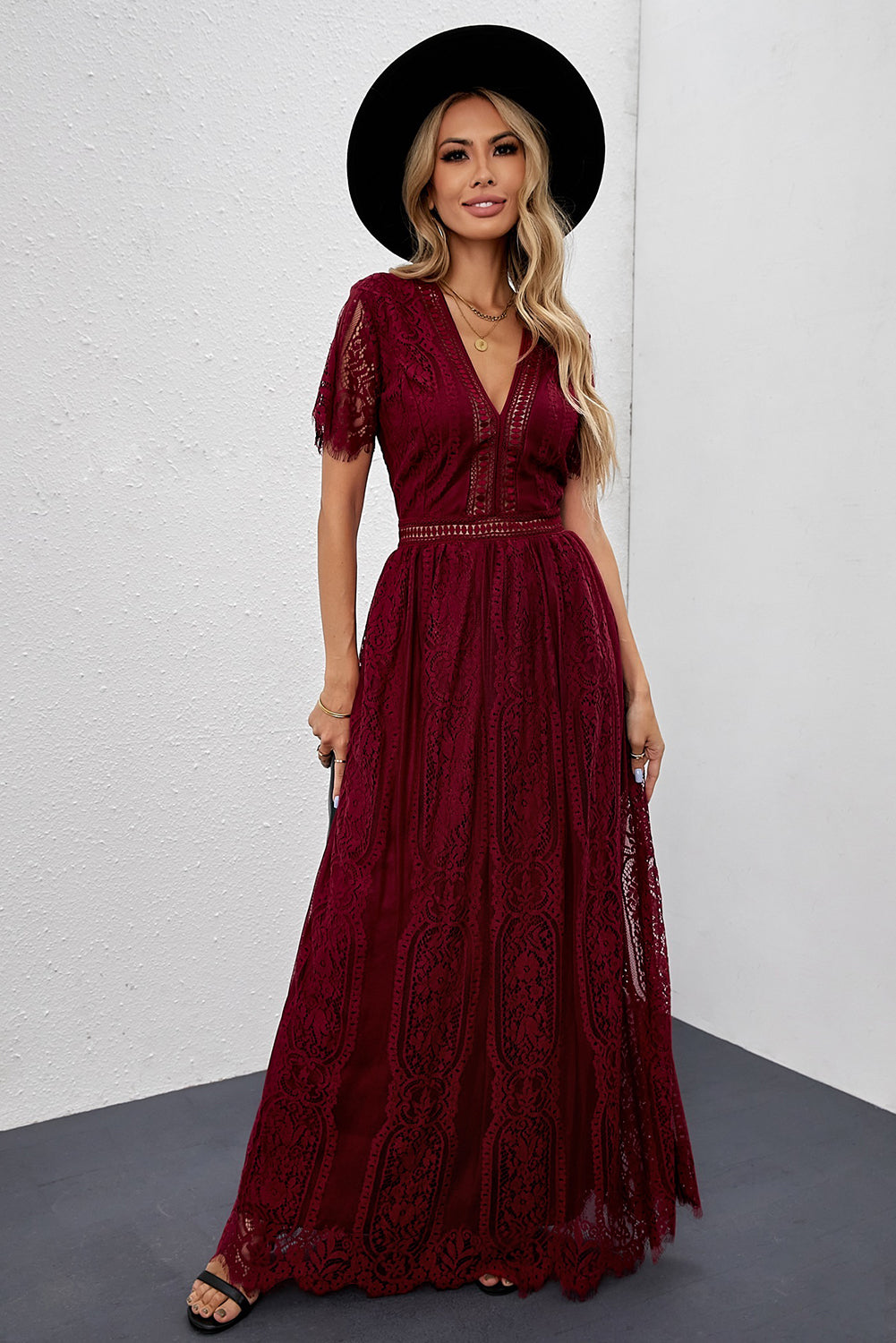 Fiery Red Blue Fill Your Heart Lace Maxi Dress featuring a lace overlay, v-neckline, and full-bodied skirt, perfect for elegant occasions.