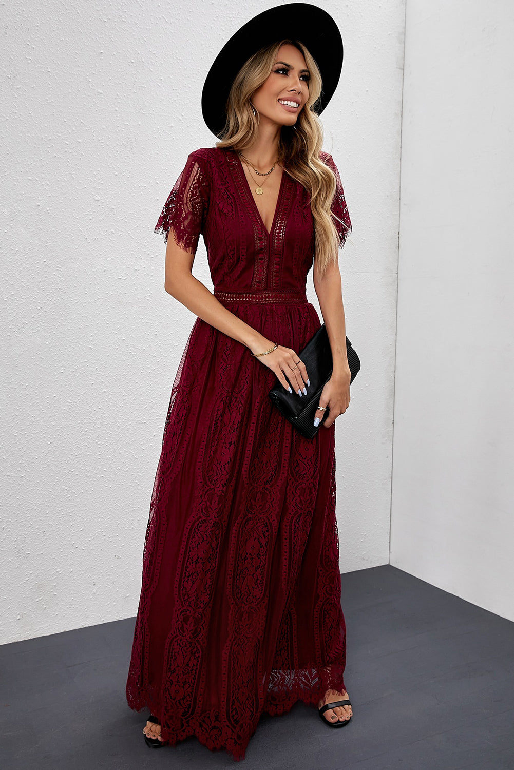 Fiery Red Blue Fill Your Heart Lace Maxi Dress featuring a lace overlay, v-neckline, and full-bodied skirt, perfect for elegant occasions.