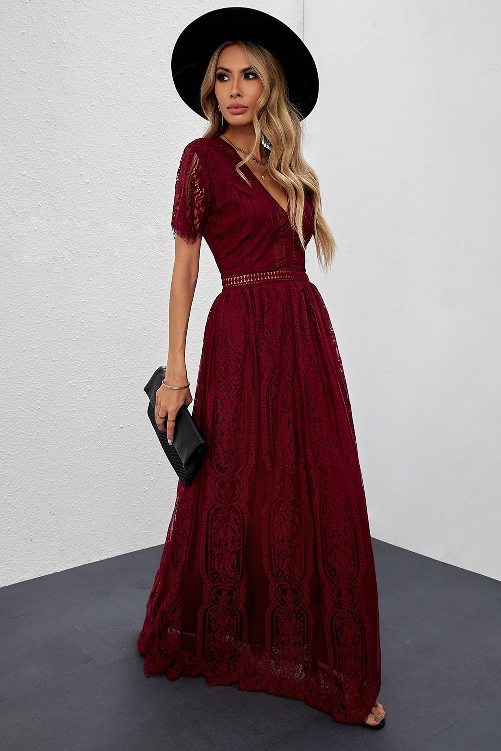 Fiery Red Blue Fill Your Heart Lace Maxi Dress featuring a lace overlay, v-neckline, and full-bodied skirt, perfect for elegant occasions.