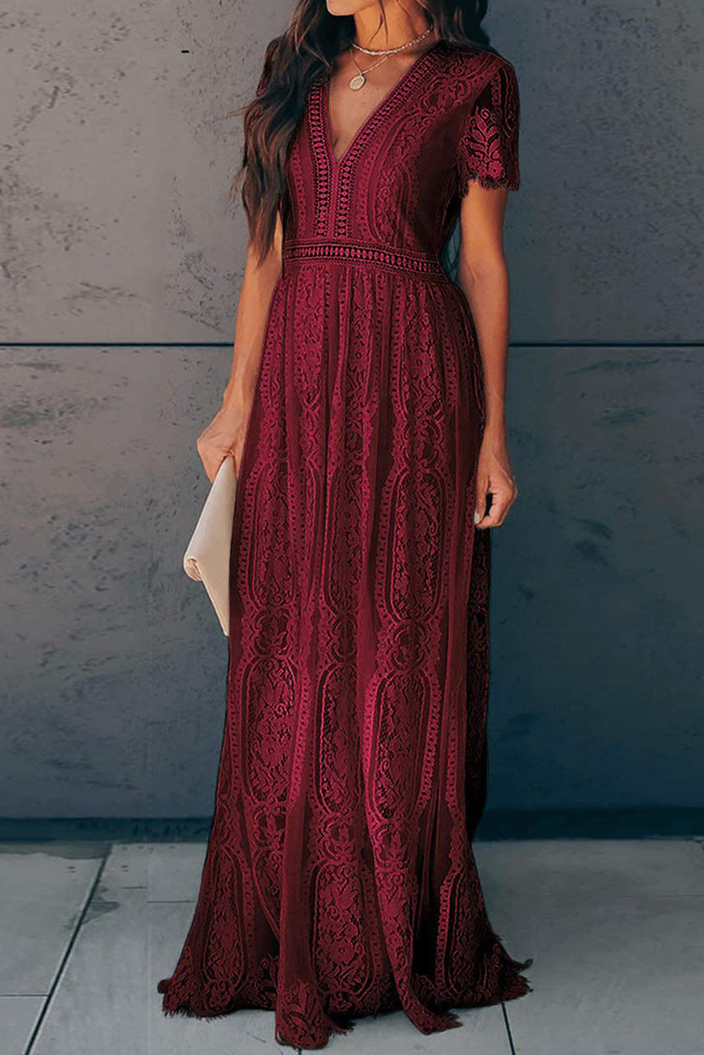 Fiery Red Blue Fill Your Heart Lace Maxi Dress featuring a lace overlay, v-neckline, and full-bodied skirt, perfect for elegant occasions.