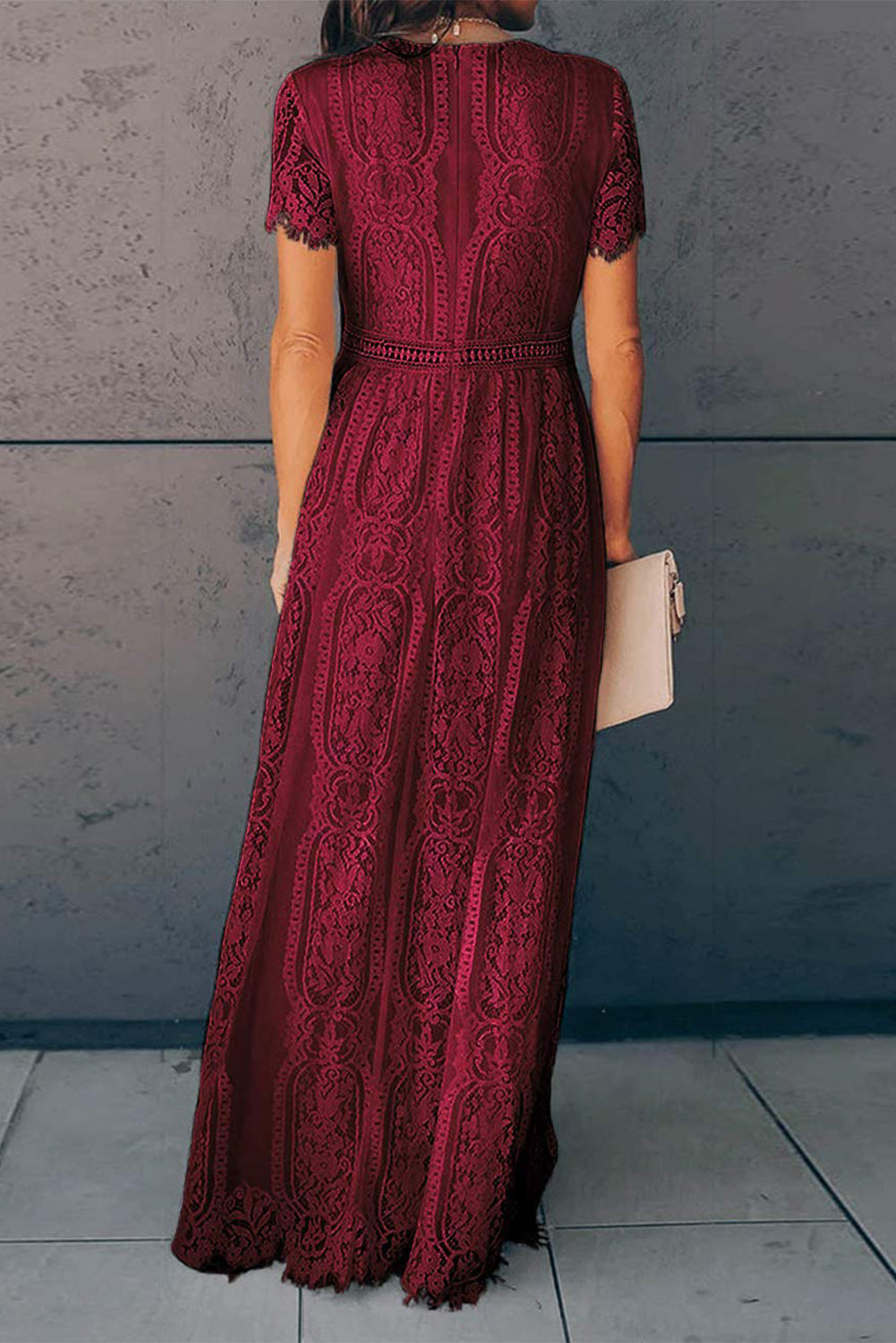 Fiery Red Blue Fill Your Heart Lace Maxi Dress featuring a lace overlay, v-neckline, and full-bodied skirt, perfect for elegant occasions.