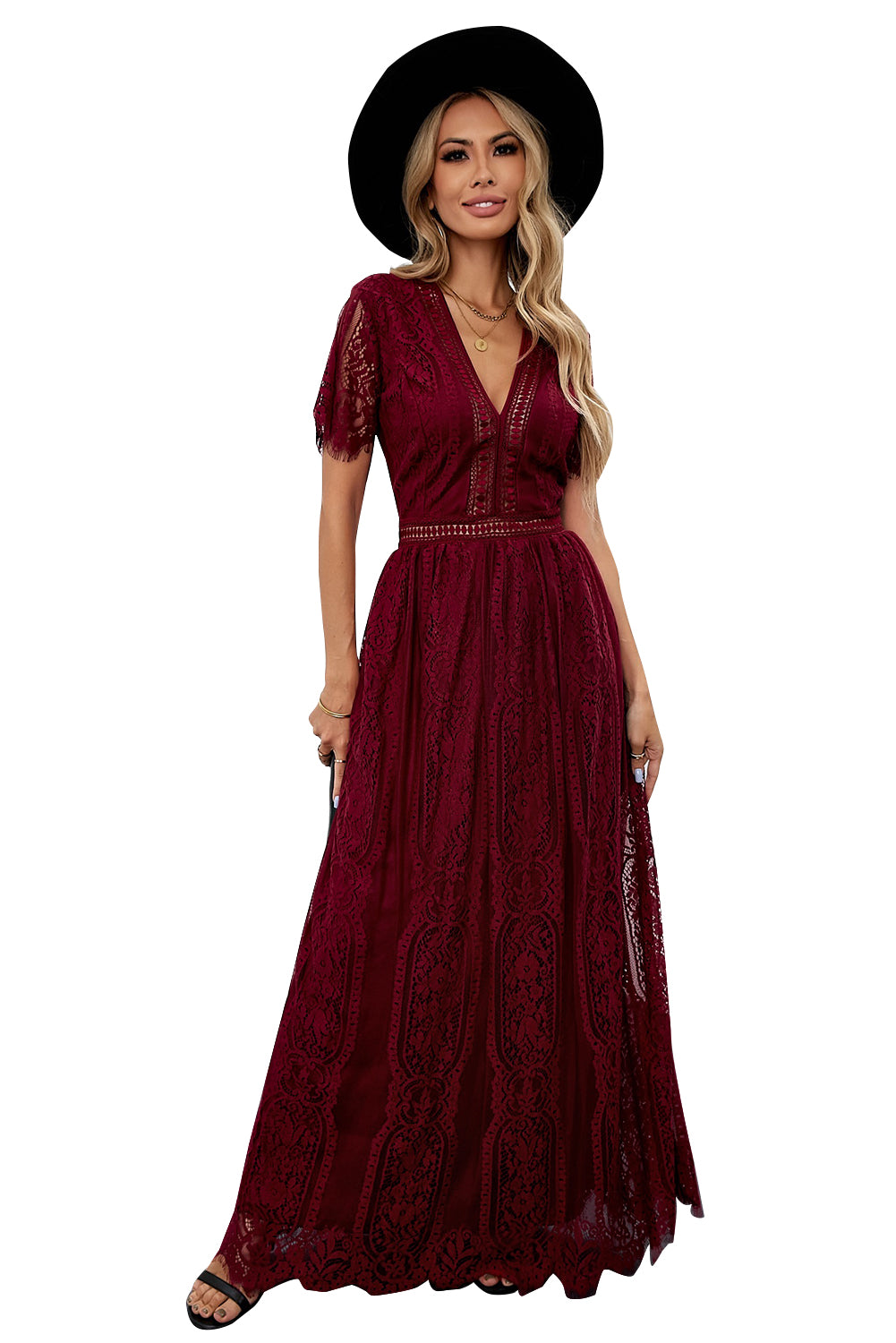 Fiery Red Blue Fill Your Heart Lace Maxi Dress featuring a lace overlay, v-neckline, and full-bodied skirt, perfect for elegant occasions.