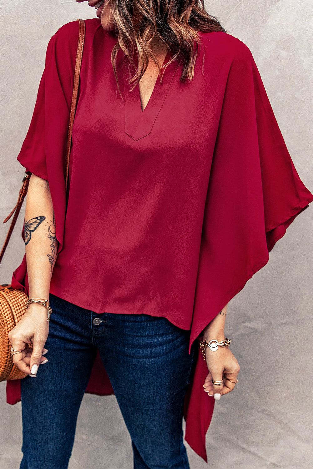 Fiery Red Chic High Low Kimono Top featuring elegant v-neck and dramatic kimono sleeves, perfect for stylish outfits.