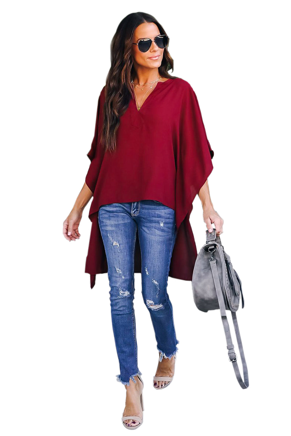 Fiery Red Chic High Low Kimono Top featuring elegant v-neck and dramatic kimono sleeves, perfect for stylish outfits.