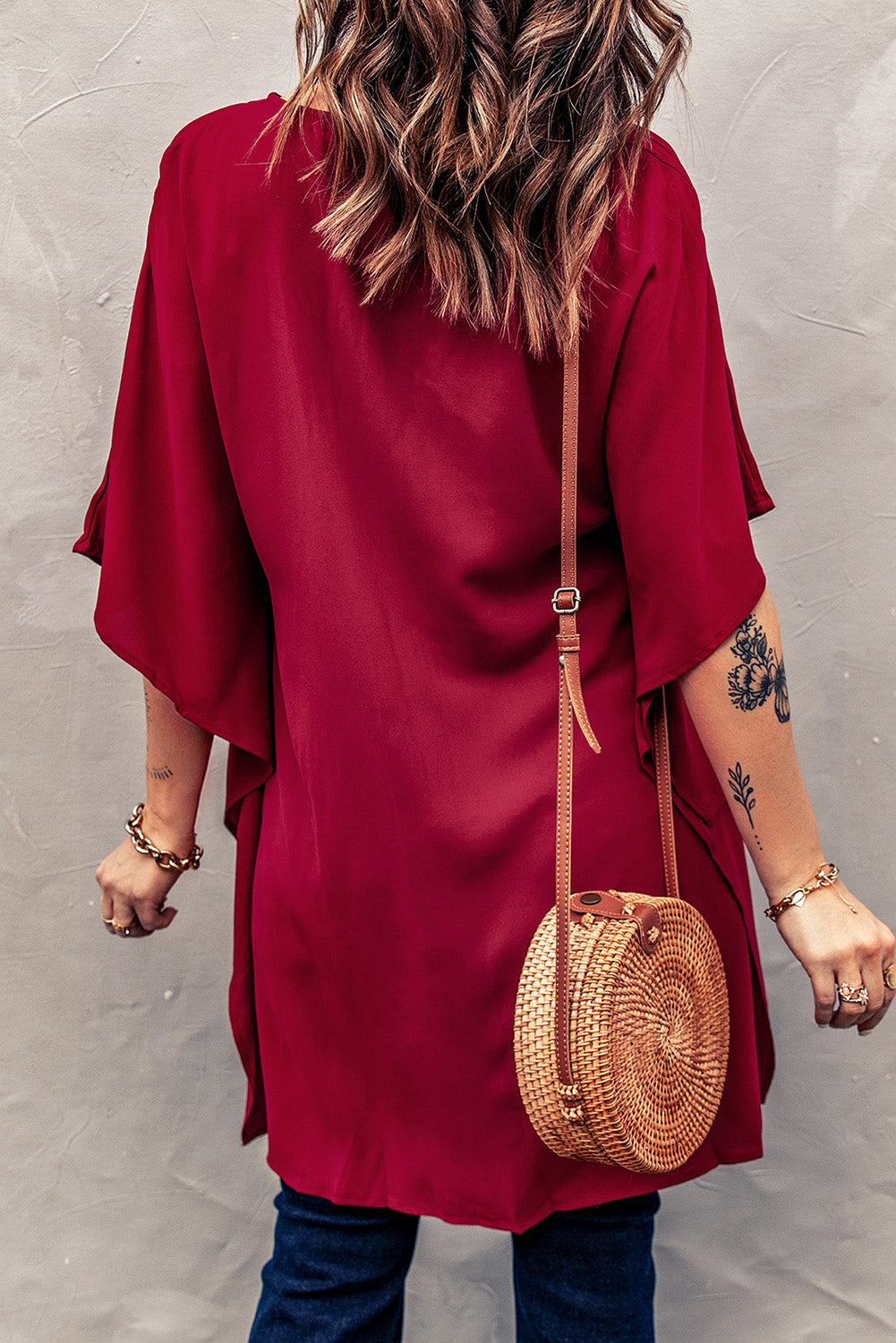 Fiery Red Chic High Low Kimono Top featuring elegant v-neck and dramatic kimono sleeves, perfect for stylish outfits.