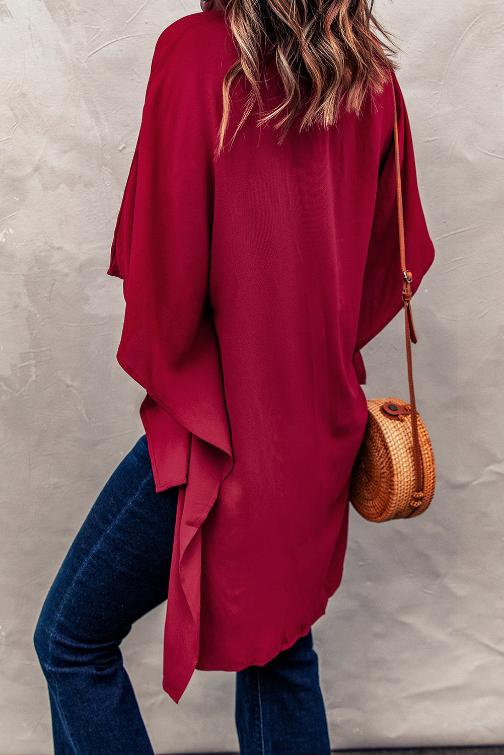 Fiery Red Chic High Low Kimono Top featuring elegant v-neck and dramatic kimono sleeves, perfect for stylish outfits.