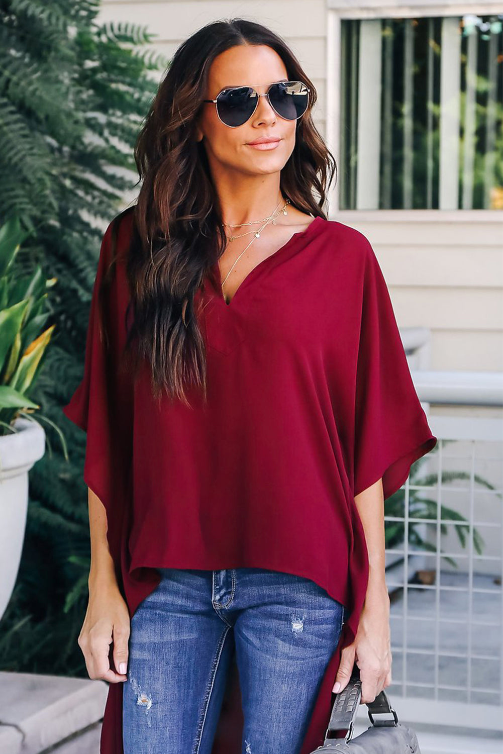 Fiery Red Chic High Low Kimono Top featuring elegant v-neck and dramatic kimono sleeves, perfect for stylish outfits.