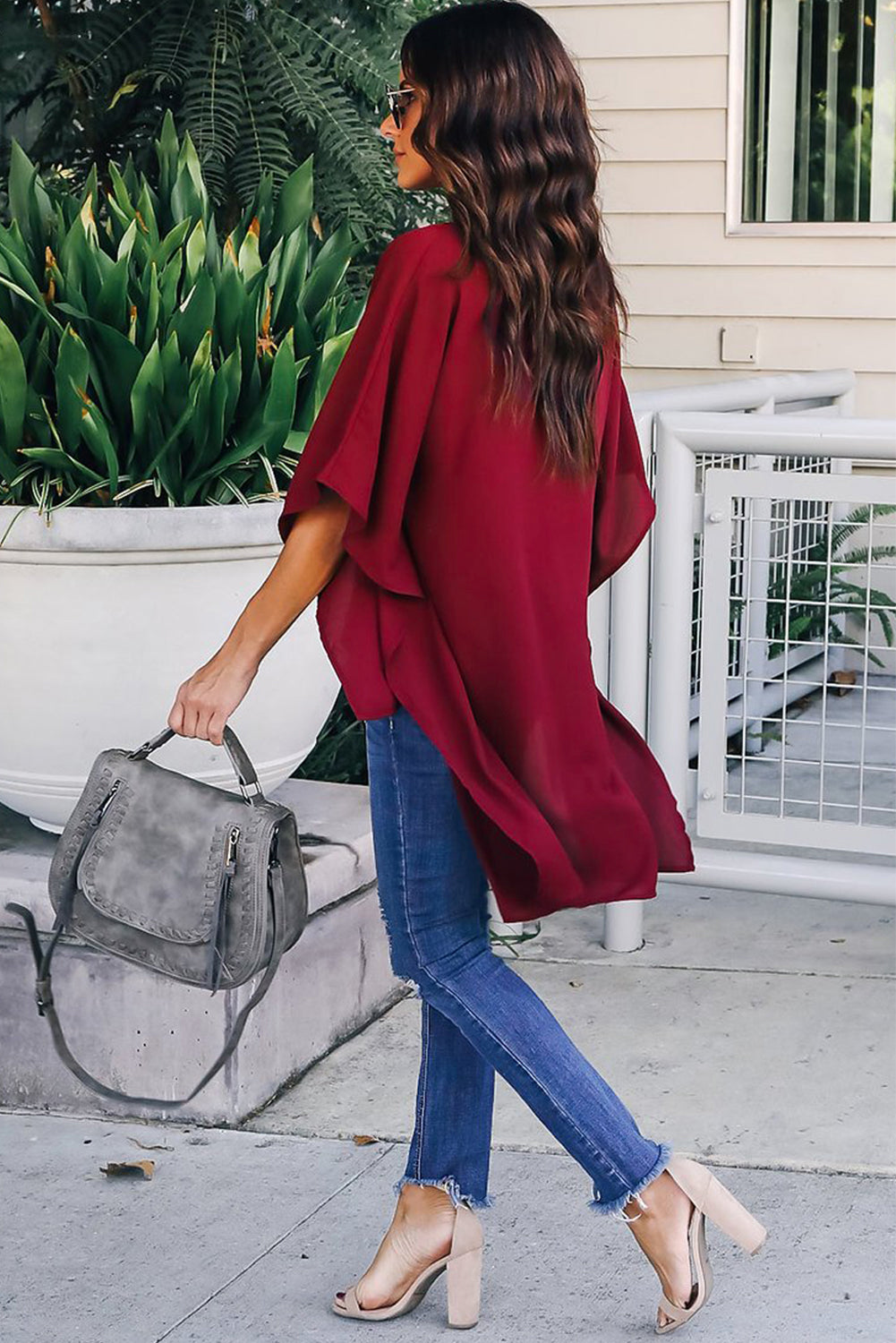 Fiery Red Chic High Low Kimono Top featuring elegant v-neck and dramatic kimono sleeves, perfect for stylish outfits.