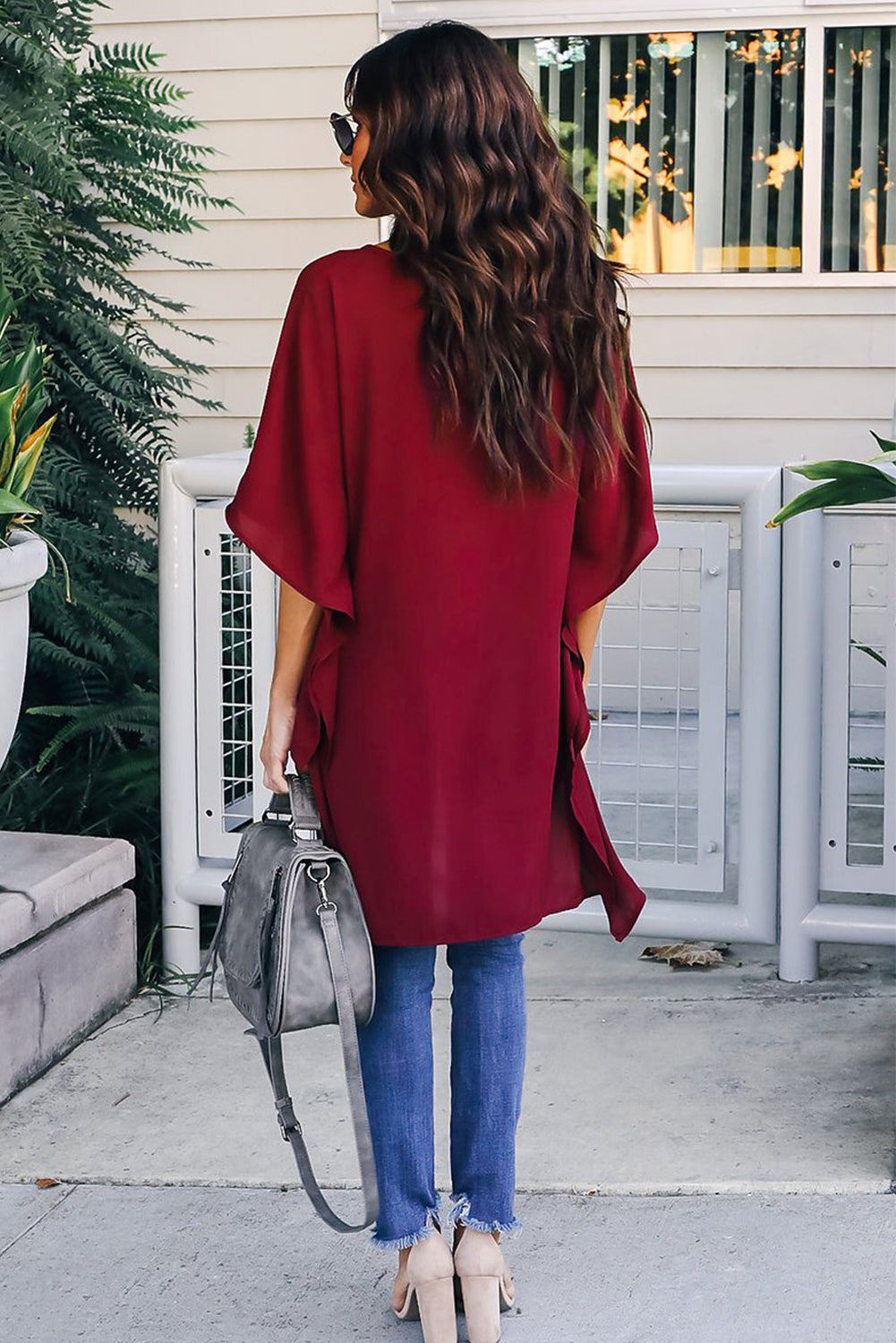 Fiery Red Chic High Low Kimono Top featuring elegant v-neck and dramatic kimono sleeves, perfect for stylish outfits.