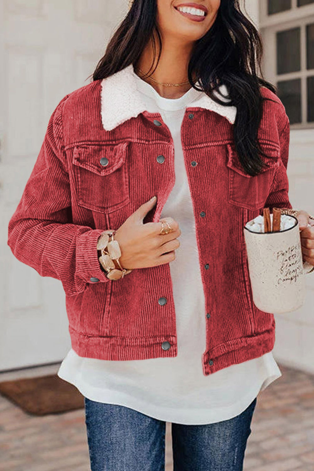 Fiery Red Corduroy Sherpa Snap Button Flap Jacket with fleece lining and snap button closure, showcasing stylish flap details.