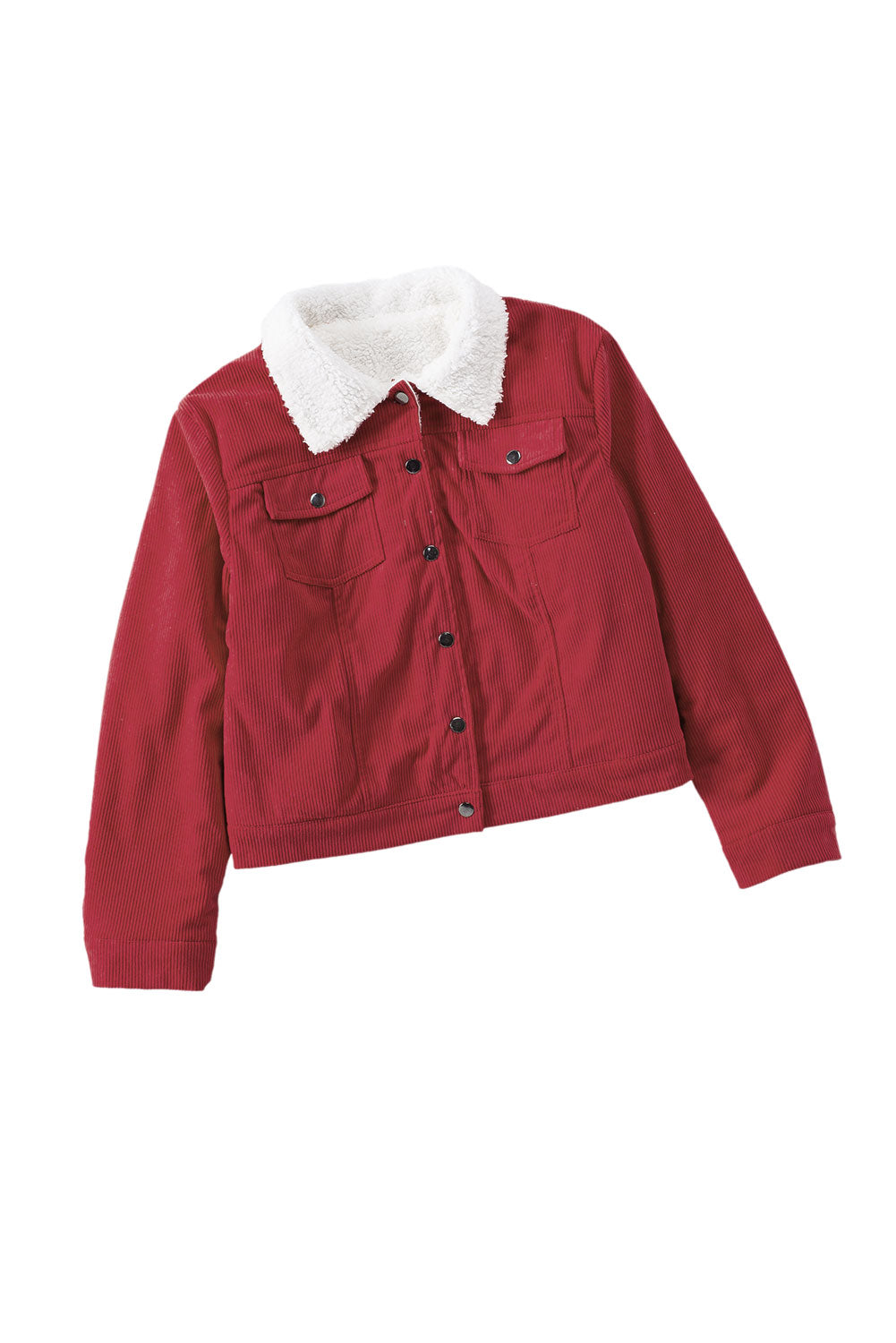 Fiery Red Corduroy Sherpa Snap Button Flap Jacket with fleece lining and snap button closure, showcasing stylish flap details.