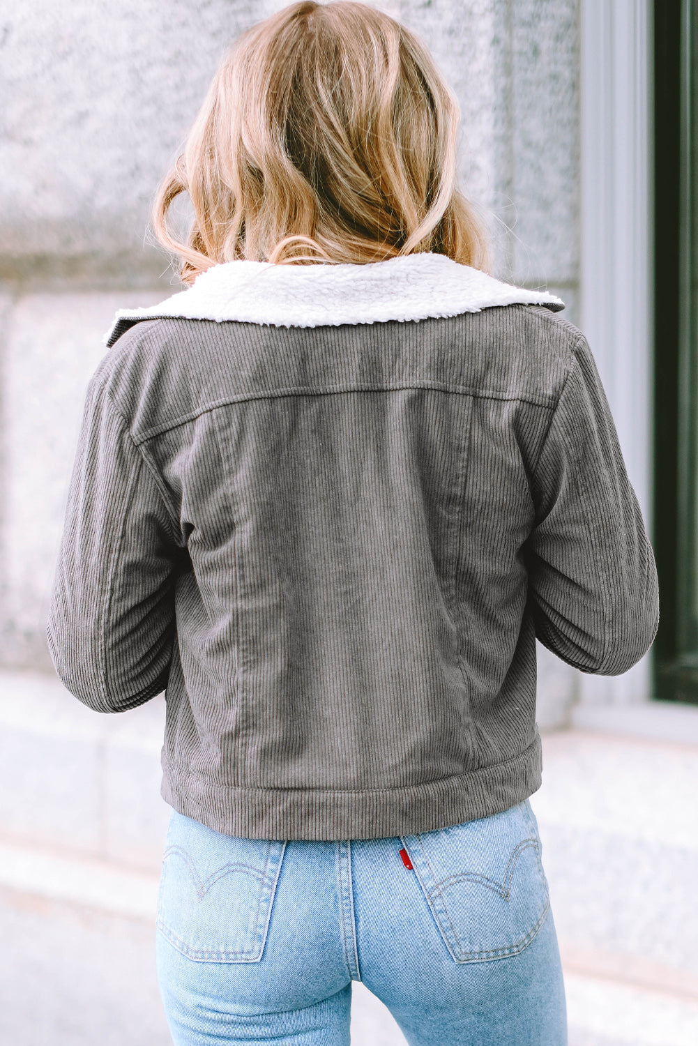 Fiery Red Corduroy Sherpa Snap Button Flap Jacket with fleece lining and snap button closure, showcasing stylish flap details.